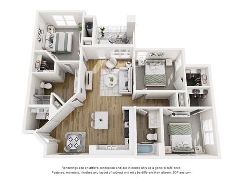 A 3D floor plan of a small apartment with a kitchen, living room, and bedrooms.